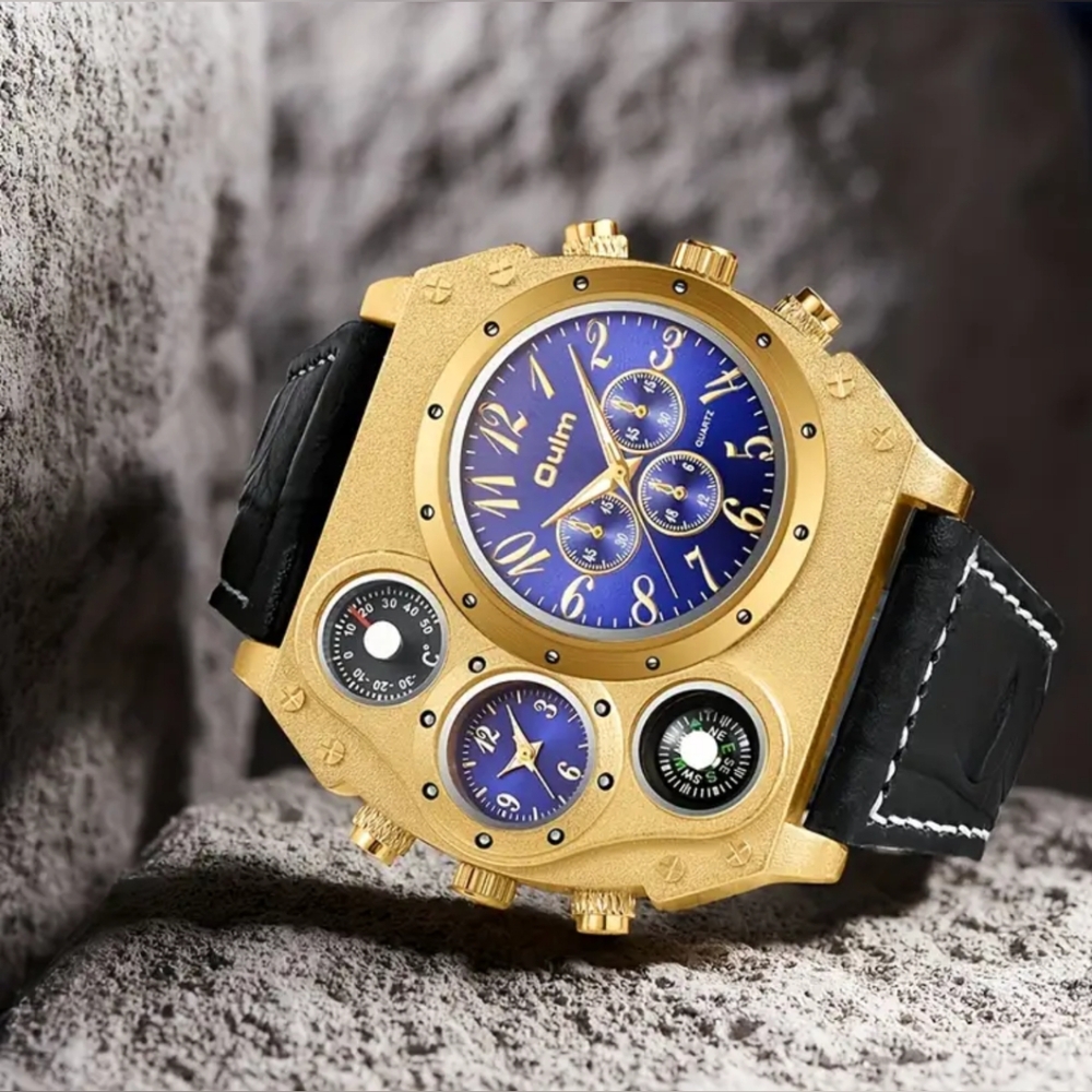 Mens large face dual time zone watch, leather, new in box